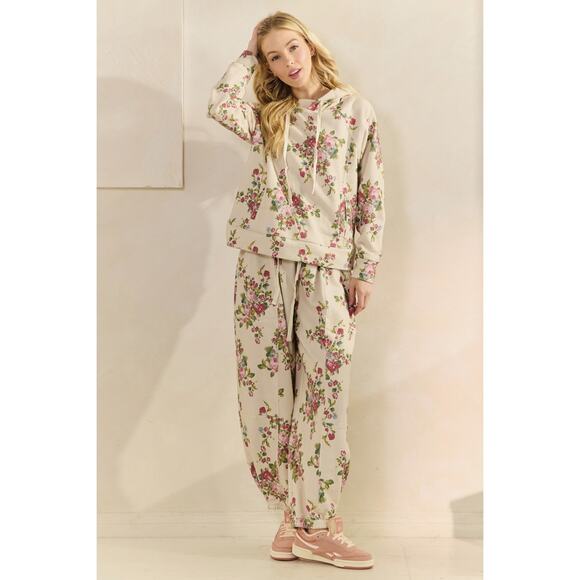 Veveret Size Medium Beige Floral Printed French Terry Pants - Picture 6 of 11